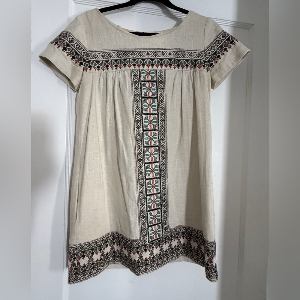 Ella Moss Khaki Embroidered Shift Dress | Casual Chic | Size XS